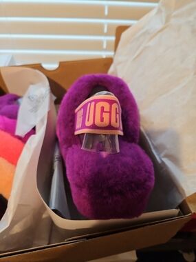 UGG Purple Fluff Slide with Logo Strap
